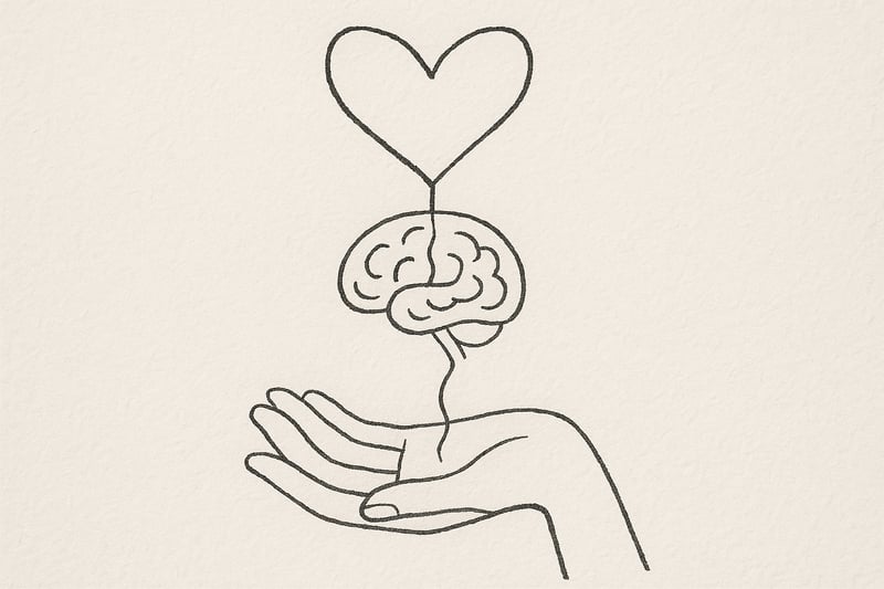 Una mano che regge un cuore stilizzato riflesso in un cervello semplificato, suggerendo equilibrio tra emozione e ragione nel lavoro moderno.